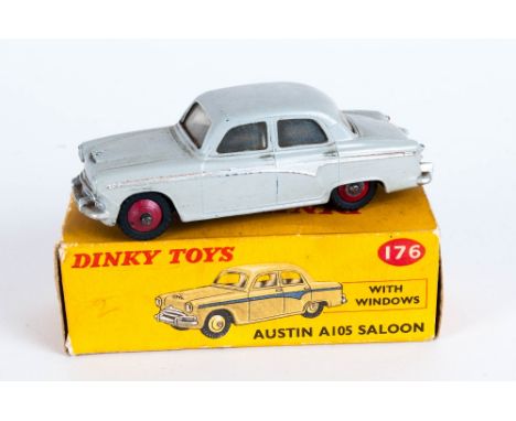 Dinky Toys No 176 Austin A105 Saloon With Windows Diecast Model. Grey Body With Silver Side Flash, Red Spun Hubs. Red And Yel