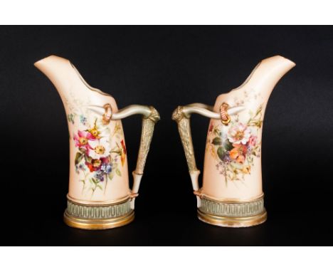 Royal Worcester Blush Ivory Pair of Floral Ewers, The Handles In The Form of Naturalistic Branches. Date 1901. Excellent Cond