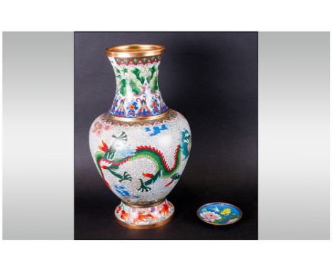 Chinese Cloisonne Enamel Vase Of Bulbous Form with intricate decoration of a scrolling dragon amongst crows, The border picke