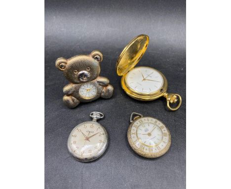 A gilt pocket watch, novelty Teddy Bear watch, a pendant watch and ladies fob watch by Duward