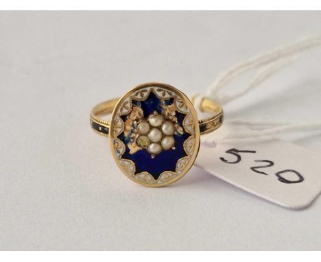 Antique Georgian memorial ring, the top of the ring in blue & white enamel with acentral pearl cluster, the shank with black 