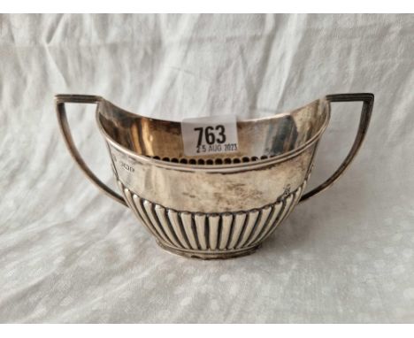An oval half fluted sugar basin, 5.5" over handle, Sheffield 1893 by WG,JL, 90g