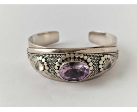 silver half torque gem set bangle 67g