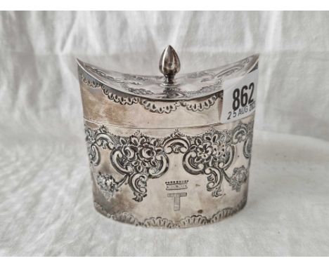 An oval tea caddy with embossed band, hinged cover, 3.5" wide, Sheffield 1897 by JD &amp; S, 155g