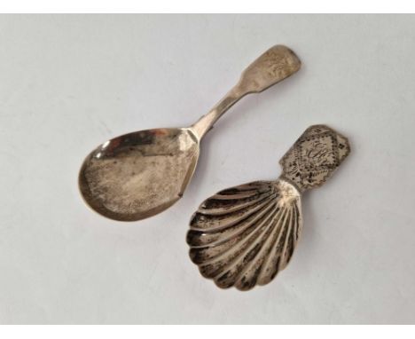 A George III caddy spoon with shell bowl, London 1796 by IL and another 1814