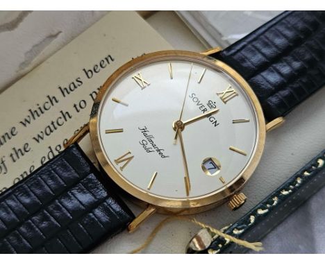 A gents Sovereign wrist watch, 9ct with seconds sweep and date aperture and papers