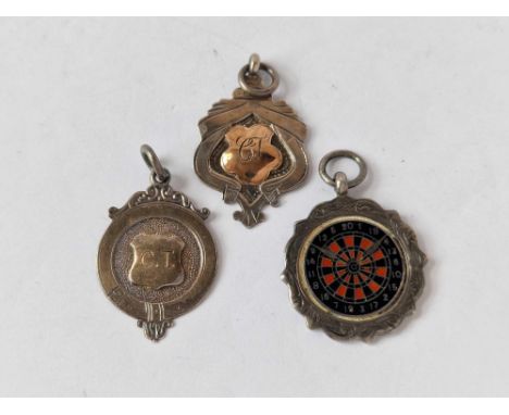 Silver and enamel fob and two others