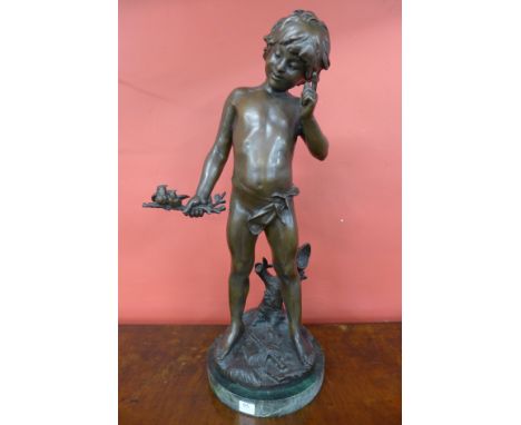 Manner of Auguste Moreau, bronze figure of Pan, on green marble socle, 72cms