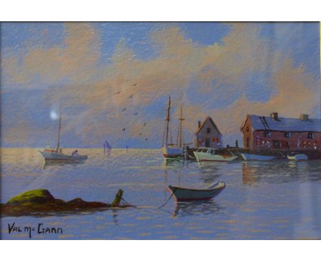 Val McGann (Irish 1928-2016), A Quiet Harbour, Maine,, oil on panel, 12 x 17cms, framed