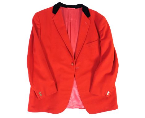 A red hunting style dinner jacket with a black collar and 9ct gold buttons, each button engraved with the initials J.D.H. tai