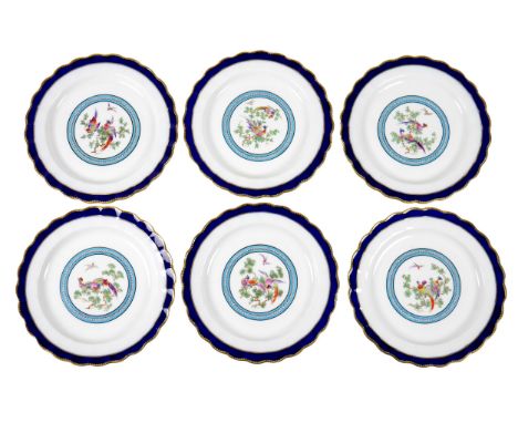 A set of six Royal Worcester china cabinet plates, retailed by Tiffany & Co, New York, circa 1918, with scalloped rims, each 