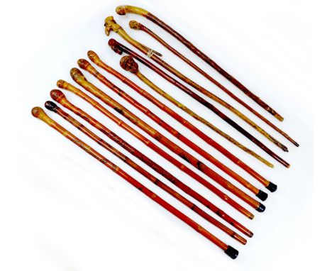 Twelve 20th century and later walking sticks, including a concealed pipe walking stick (a/f) a with carved face to its handle