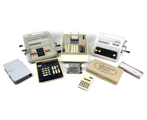 A collection of vintage calculators, including a Facit CM2-16, 1960s, 24 by 27 by 15.5cm, a Facit C1-13, with soft cover, 197