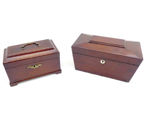 Two 19th century mahogany boxes, comprising a sarcophagus form tea caddy with two glass mixing bowls, 27.5 by 14.5 by 15cm hi