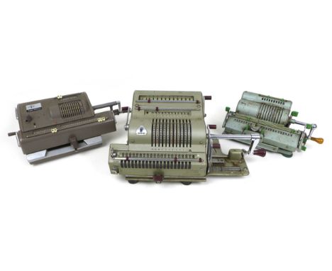 A group of three vintage calculating machines, comprising a rotary pin-wheel 'Nippon' calculator, model HL-21, No 219725, cir