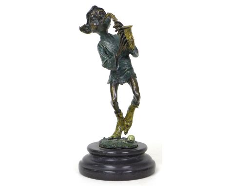 A modern bronze sculpture, modelled as a goblin / elf standing playing a saxophone, signed 'Juno' to the circular base, 25.5c