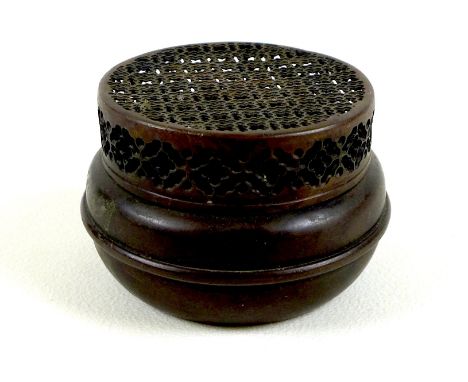A Japanese bronze pot pourri, Meiji period, of squat ovoid form with a pierced cylindrical cover, cast mark to base, 382.5g, 
