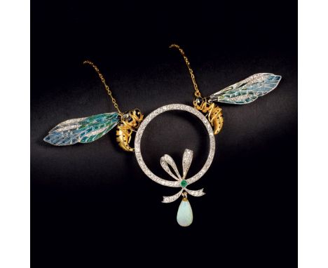 Henri Dubret (1872 - 1947), ab 1899 in Paris tätig. Art Nouveau Plique-à-Jour Collier 'Guêpe de émaillé et diamant'. Paris. U