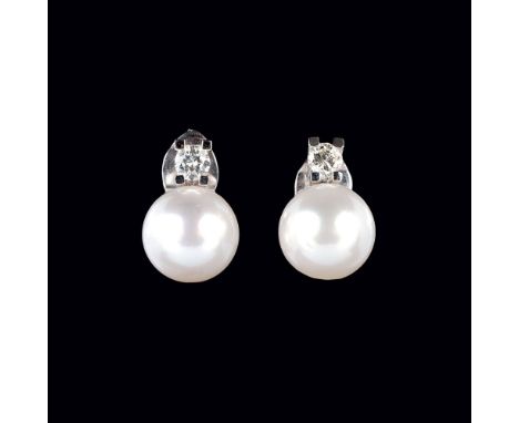 Paar feiner Solitär-Perl-Ohrringe. 18 kt. WG, gest. Besatz mit je 1 Solitär im Brillantschliff zus. ca. 0,50 ct. Getöntes Wei