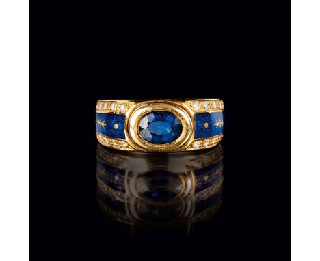 Fabergé Collection Victor Mayer. Saphir-Brillant-Ring. 18 kt. GG, gest., gemarkt 'Faberé', 'R', num. 240/300. Schauseitig in 