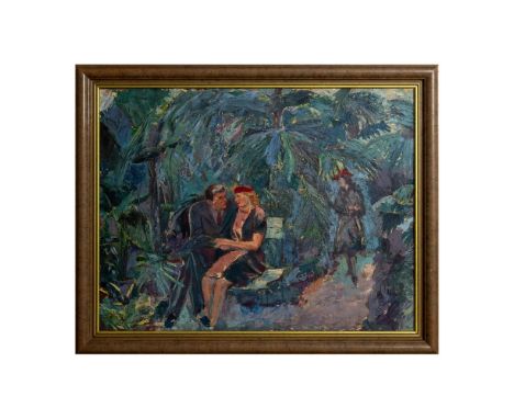 Oil painting on board that represents an amorous 1940's couple seated in a botanical space where they are surrounded by exoti