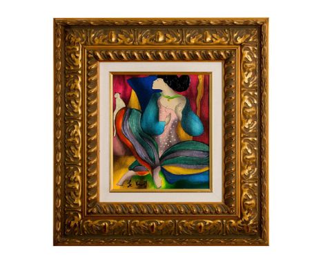 Title: Karen a Paris. Colorful modern lithograph on canvas with hand embellishments featuring a seated abstracted female figu