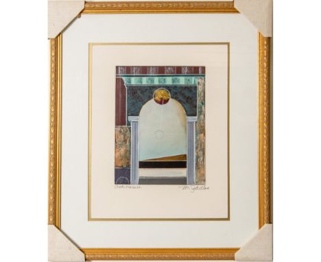 Original mixed media print. Artist signed in pencil on bottom right. Housed in gold frame with cream colored matte. Sight siz