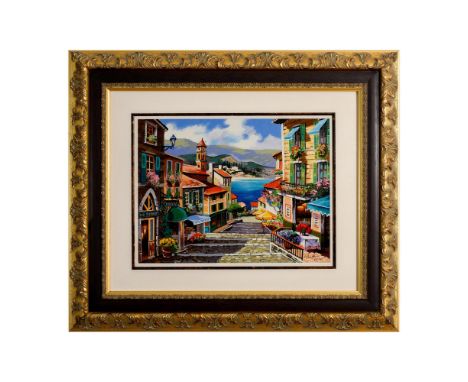 Title: Walkway Near the Lake. Serigraph print on paper depicting a post-impressionist style scene of a lakeside village with 