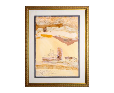 Original earth tones mixed media collage on paper entitled "Collage B I." Hewitt made buildings with paper and ink lines, inc