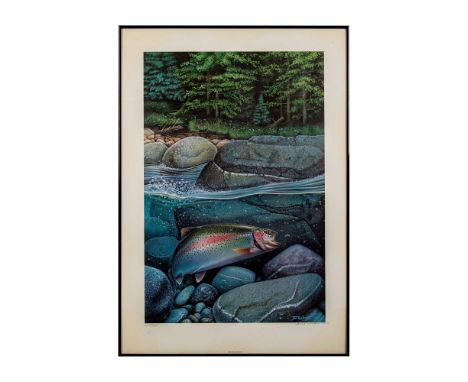 Full-color wildlife limited edition print depicting a trout chasing a fly underwater with a lush green forest in the backgrou