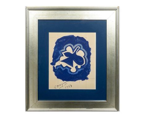 Vibrant color lithograph in shades of blue on off-white paper designed for the exhibition of George Braque at the occasion of