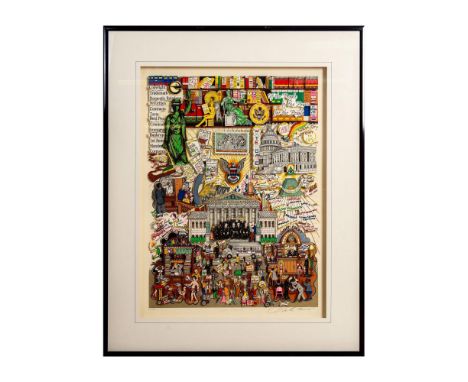 This colorful and vibrant cityscape is a color serigraph mounted with layers of raised collages that results in a 3-dimention