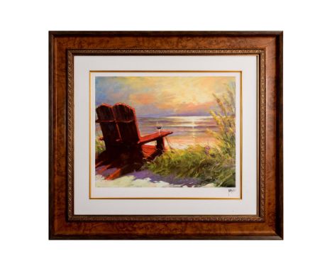 Title: It Gets Better. Seriolithograph print on paper depicting a post-impressionist style beach scene of two empty red Adiro