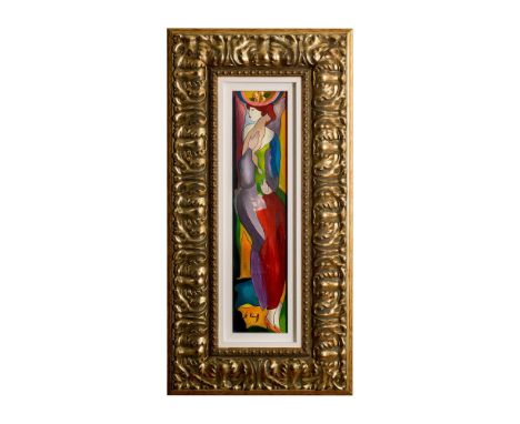 Title: Mag. Colorful modern lithograph on canvas with hand embellishments featuring an abstracted female figure holding a cat