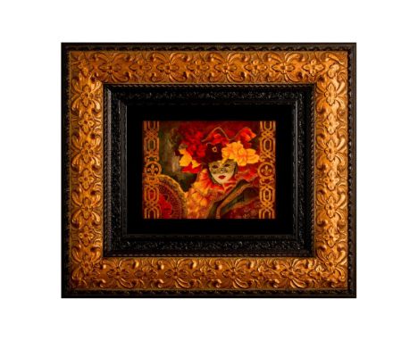 Title: Dama de Albanico by 20th century Peruvian artist Diana Mendoza. Caldograph or dye sublimation on wood. Features a mask