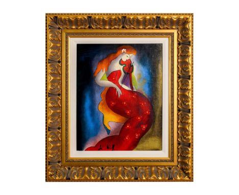 Title: Le Violon de Pamela. Colorful modern seriolithograph with hand embellishments featuring a woman in a red dress playing