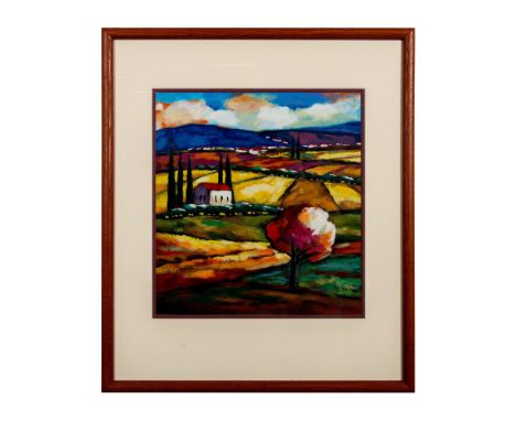 Vibrant Tuscan landscape print featuring rolling hills and a white barn in the distance. Edition number and artist signature 