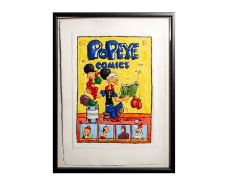 First cast proof on paper of "Popeye's "How to Raise Kids." It shows Popeye the Sailorman carrying Swee'Pea with one arm as h