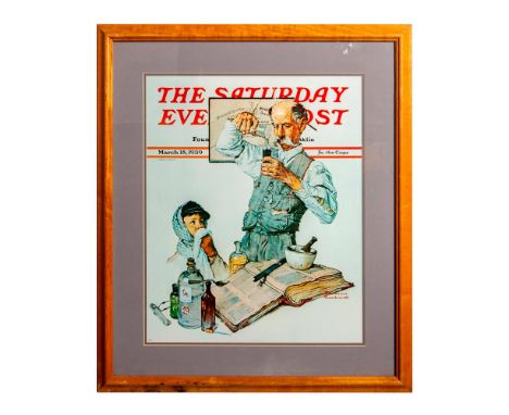 This custom frame print on board of the Saturday Evening Post cover for March 18, 1939 "The Remedy" depicts a pharmacist who 