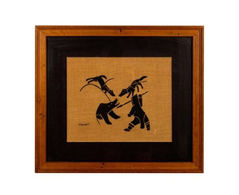 Traditional Inuit-style print depicting a hunter and his two dogs in pursuit of a polar bear. Artist name printed to lower le