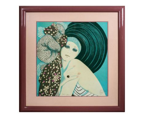 Just A Dream. Vintage mixed media serigraph in colors on paper and housed in pink frame. Depicts elegant lady posing in large