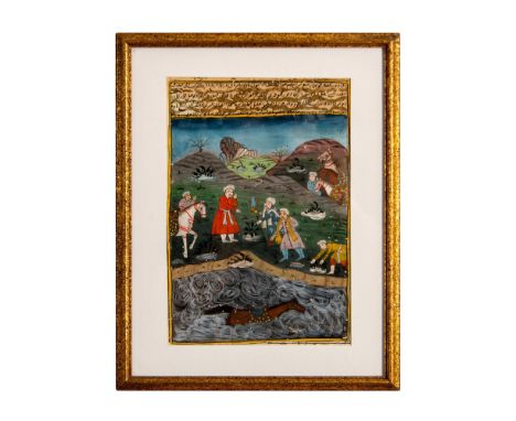 Richly colored miniature with ink on paper. It represents a courtly hunting scene with falconer. An Arabic text is inscribed 