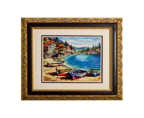 Title: Fisherman Boats. Framed serigraph on paper with white paper mat and gold trim. Image depicts a splendid coastal Medite