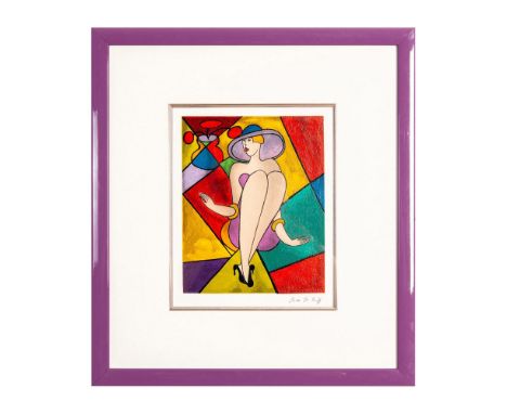 Color serigraph on wove paper entitled "Debbie" of a woman with a wide brim hat, a low cut dress and high heels placed on geo