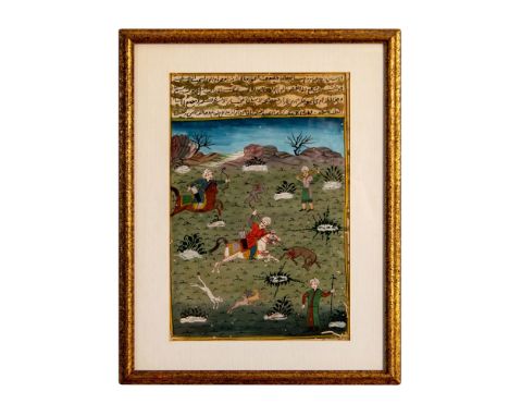 Richly colored with ink on paper. It represents a hunting scene, and Arabic text is inscribed on the upper part of the image.