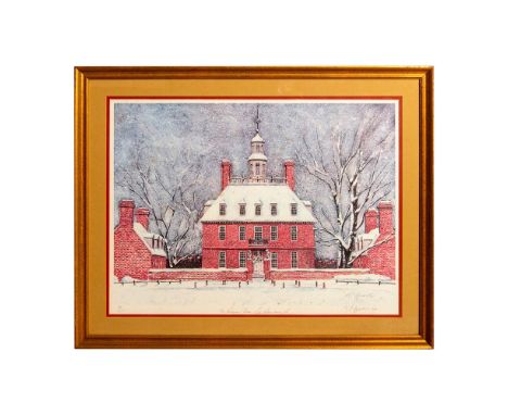 Large format of a limited edition offset lithograph print of The Governor's Palace, Williamsburg, during the Winter with red-