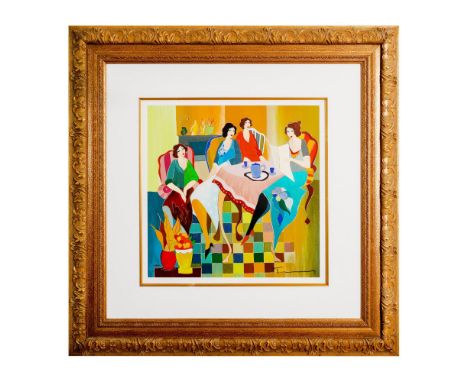 Title: Storytime. Colorful serigraph print on paper featuring a group of blue lidded ladies reading a newspaper while enjoyin