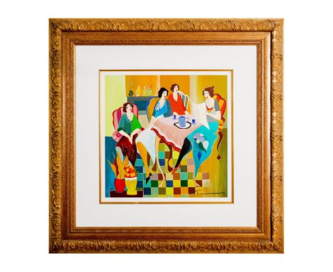 Title: Storytime. Colorful serigraph print on paper featuring a group of blue lidded ladies reading a newspaper while enjoyin