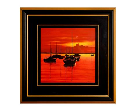 Title: Scarlet Tide (small). Serigraph on paper depicting an eye-catching scene of sailboats silhouetted over a scarlet and g