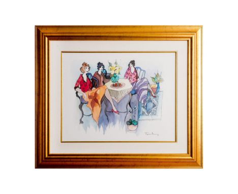 Title: Blissful Moments. Seriolithograph print on paper by Postwar artist Itzchak Tarkay. Print depicts three women seated ar